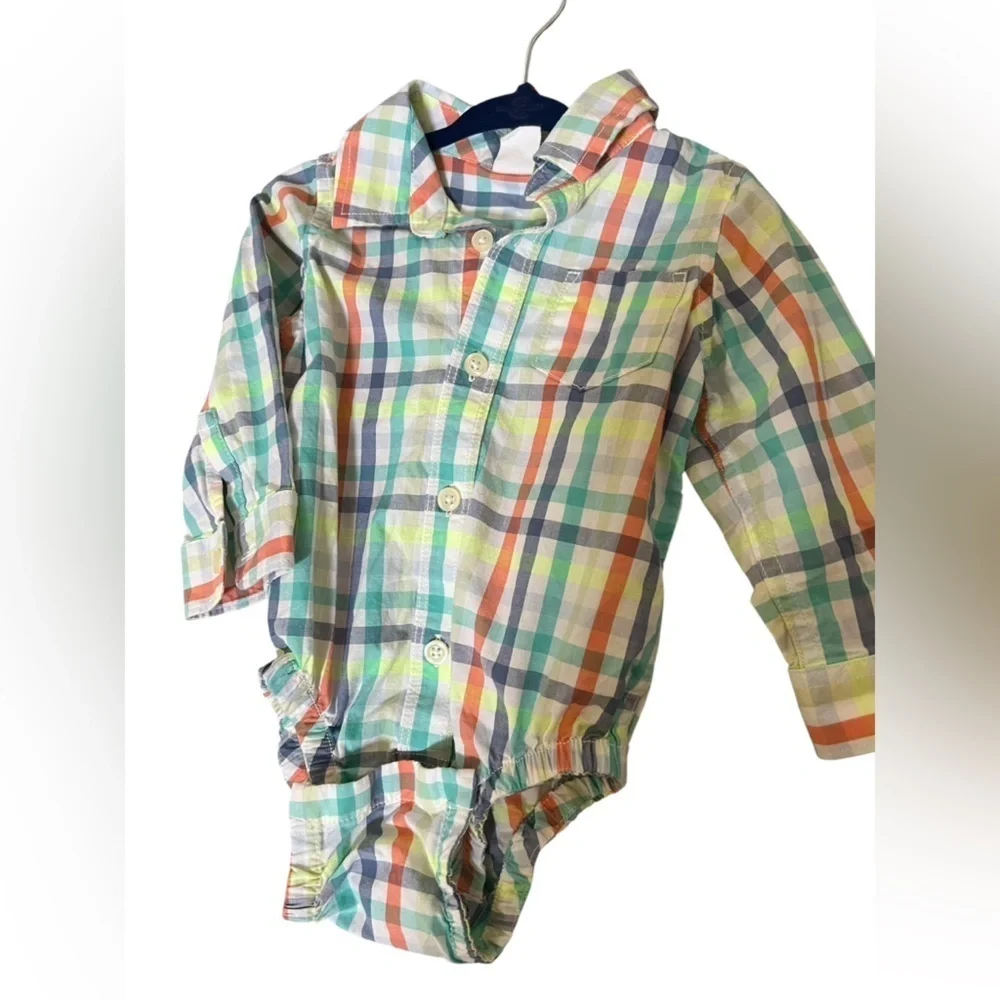 12mo Set of 3 short button t-shirts, romper, long sleeve onesie - plaid & sea